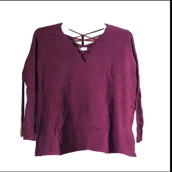 Silence + Noise Oversized Lace Up Long Sleeve V-Neck Sweater Red - S - Picture 1 of 14